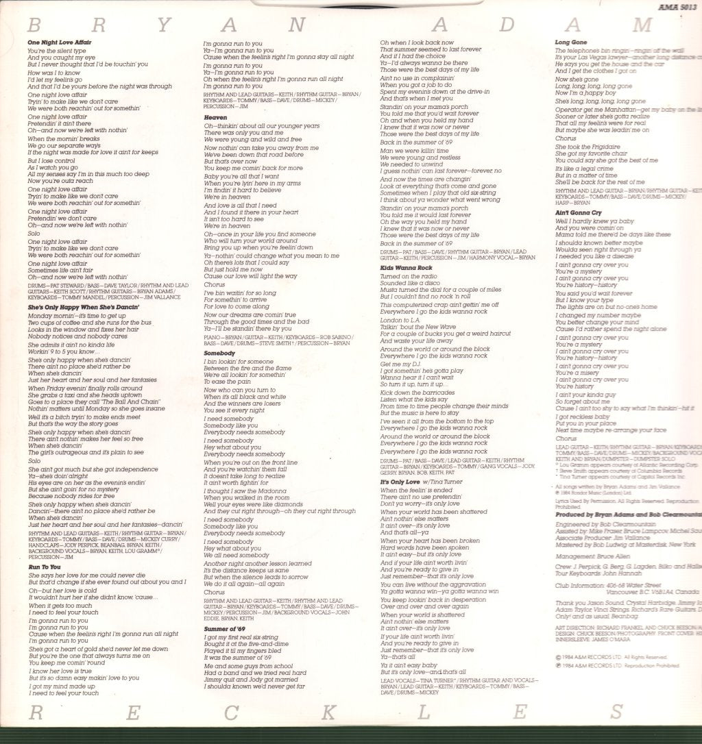 Bryan Adams - Reckless - Lp