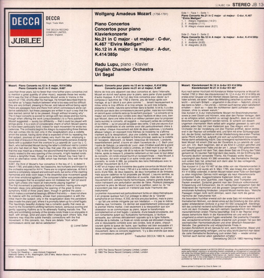 Radu Lupu / English Chamber Orchestra / Uri Segal - Mozart Piano Concertos Klavierkonzerte No.21,  K.467 Elvira Madigan & No.12, K. 414 - Lp