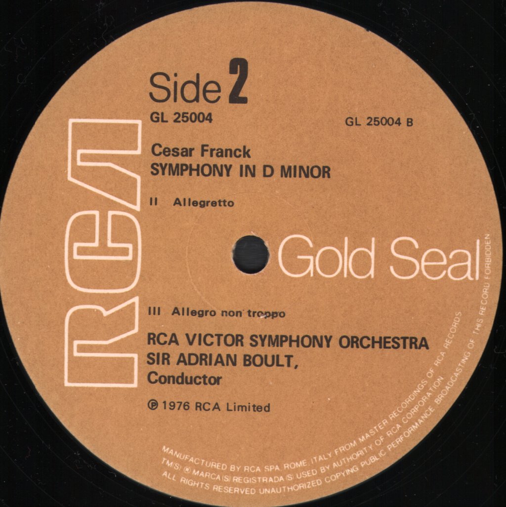 Sir Adrian Boult / RCA Victor Symphony Orchestra - Franck - Symphony In D Minor - Lp