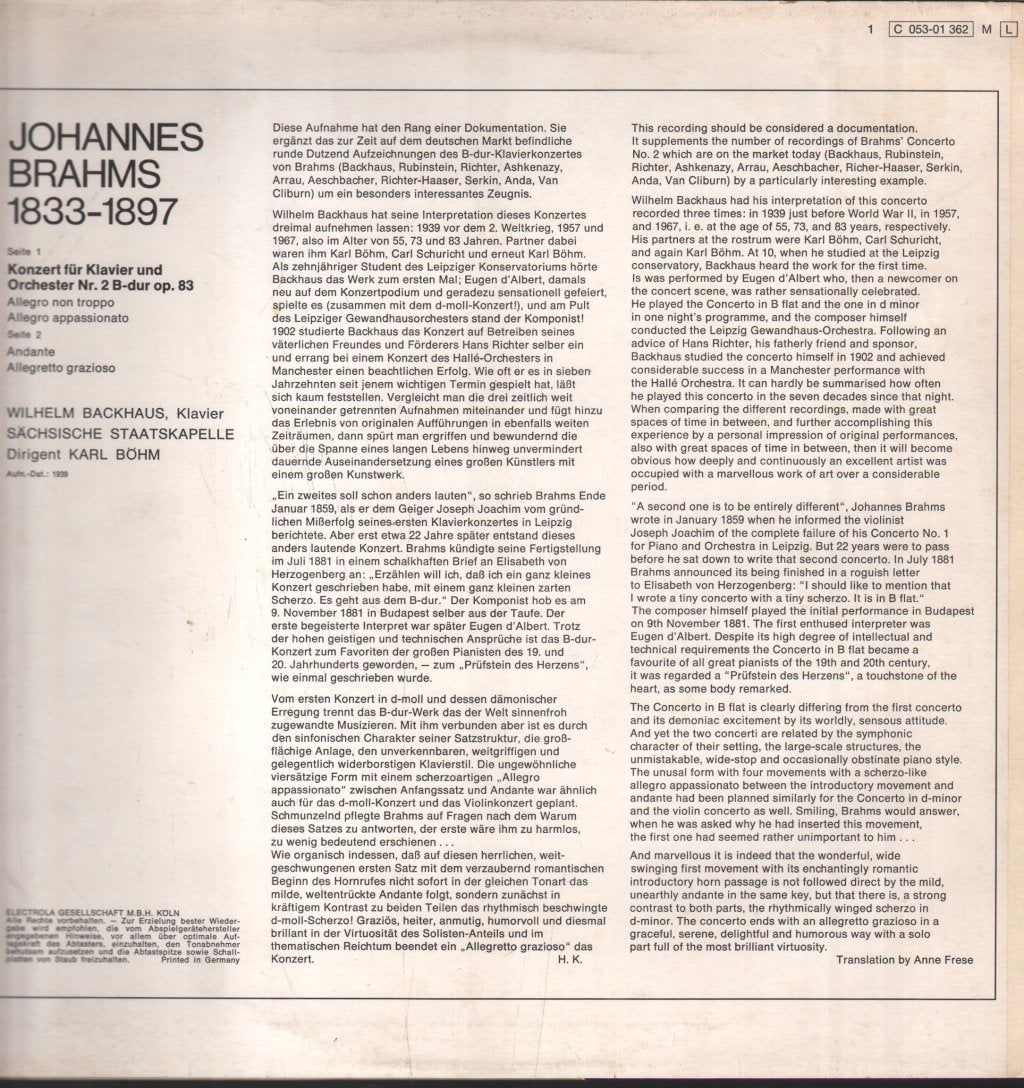 Wilhelm Backhaus / Karl Bohm / Sachsische Staatskapelle - Johannes Brahms - Konzert Für Klavier Und Orchester Nr. 2 B-dur Op. 83 - Lp