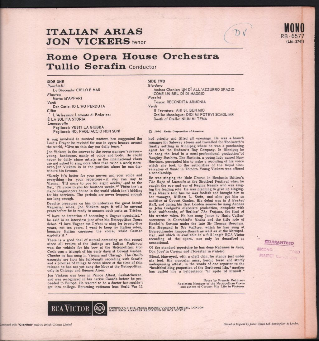 Jon Vickers - Italian Arias - Lp