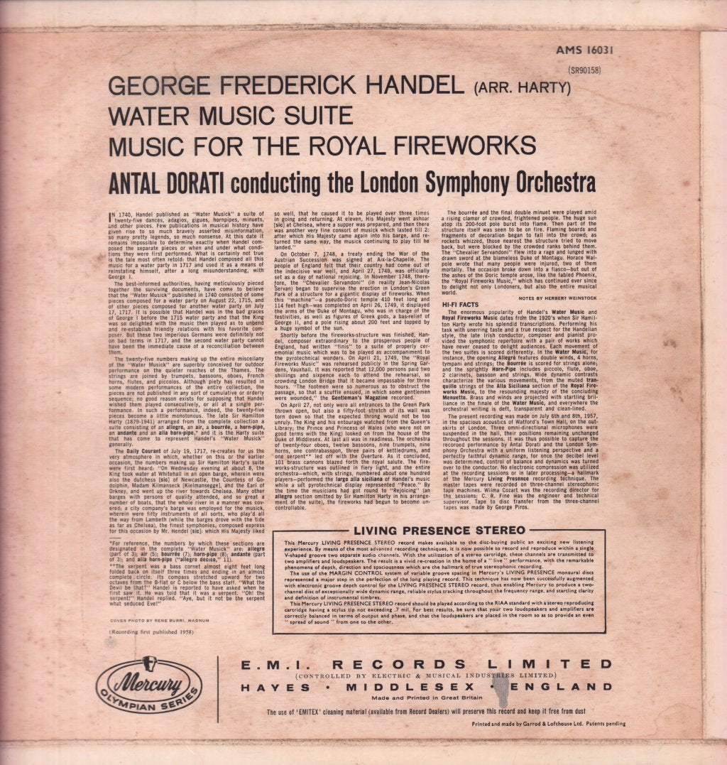 London Symphony Orchestra - Handel-Harty Water Music Suite & Music For The Royal Fireworks - Lp