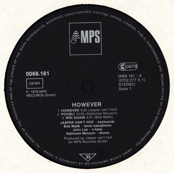 Jasper Van't Hof john lee bob malik alpnonse mouzon - However - Lp