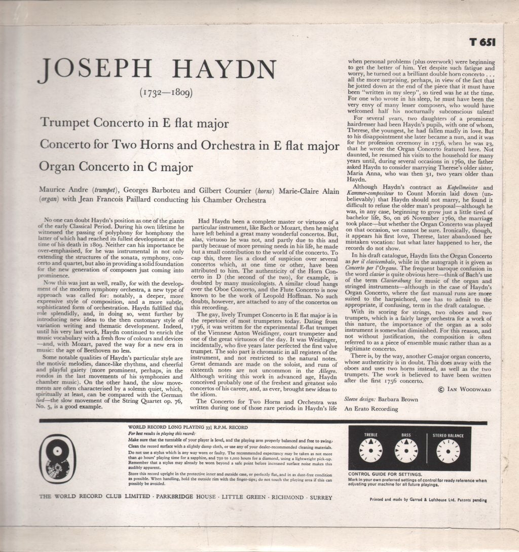 Soloists with the Jean-Francois Paillard Orchestra - Haydn - Trumpet Concerto: Concerto For Two Horns And Orchestra And For Organ And Orchestra - Lp