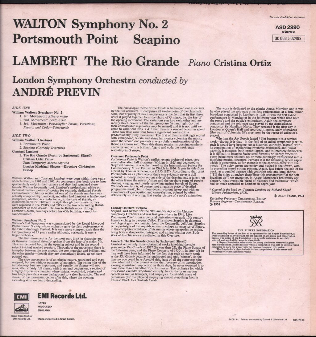 Andre Previn / London Symphony Orchestra - Walton - Symphony No. 2 / Portsmouth Point - Lp