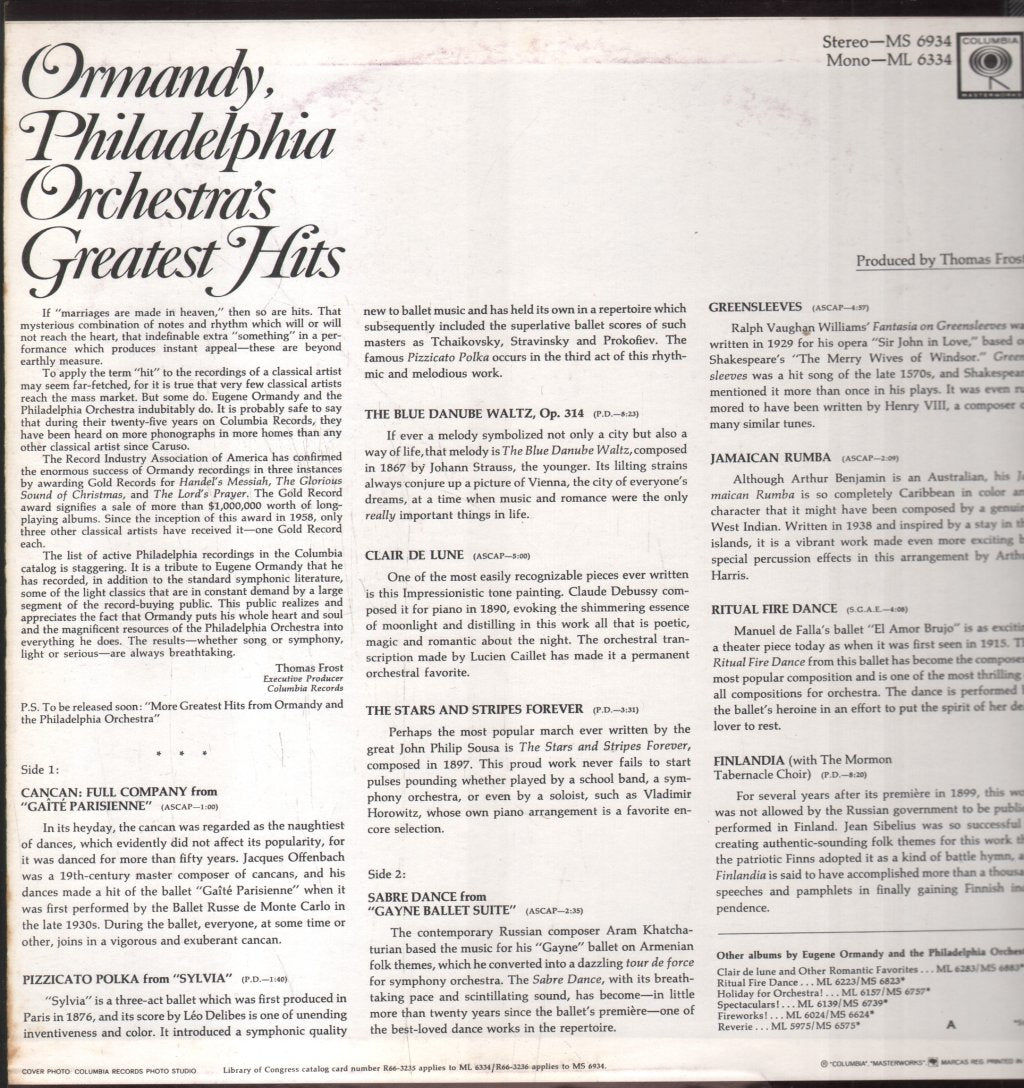 Eugene Ormandy / Philadelphia Orchestra - Ormandy, Philadelphia Orchestra's Greatest Hits - Lp