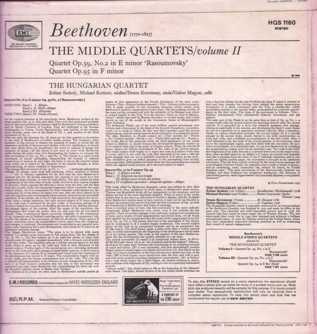 Hungarian String Quartet - Beethoven Middle Quartets Volume Two - Lp