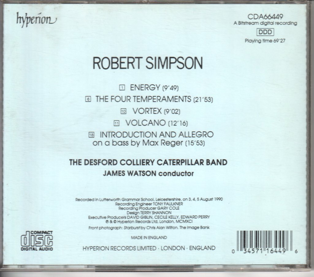 Robert Simpson - Energy, Four Temperaments, Volcano, Vortex, Introduction and Allegro On A Bass By Max Reger - Cd