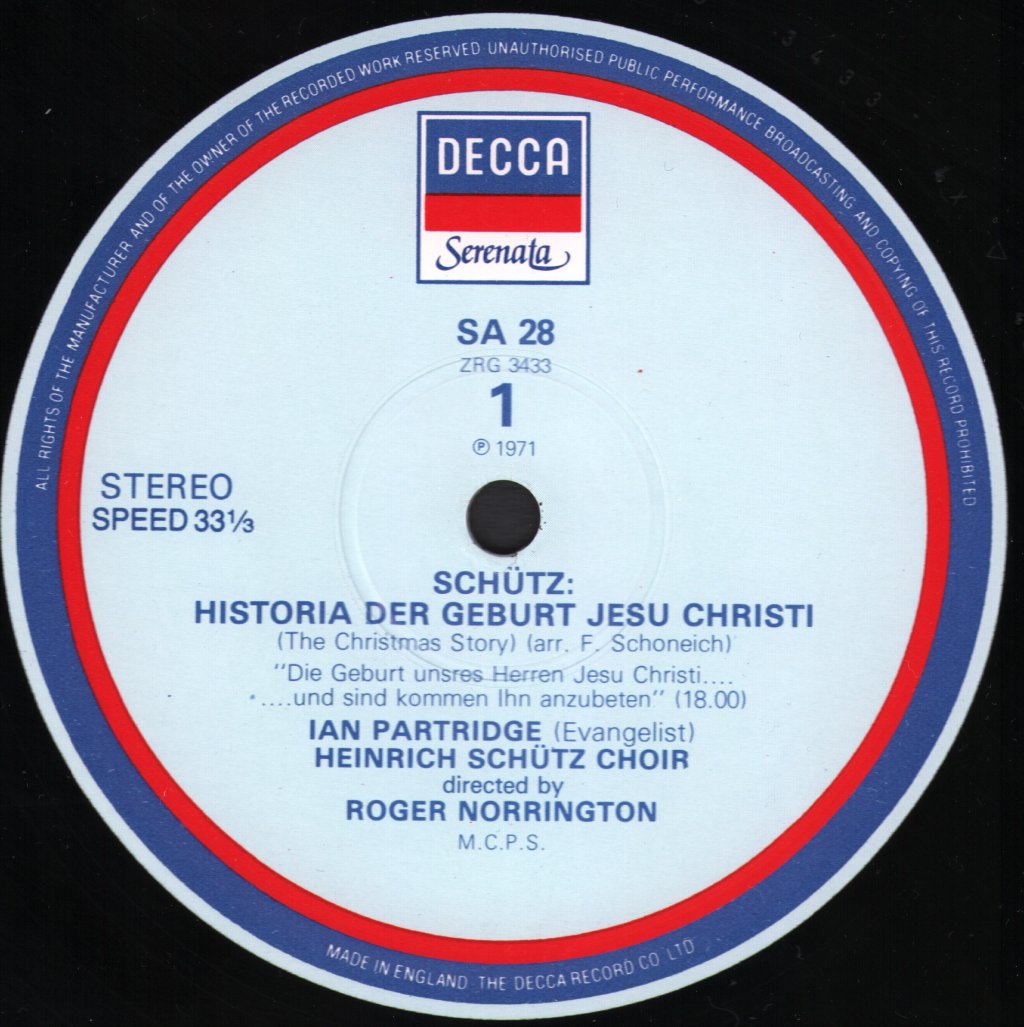 Ian Partridge / Heinrich Schutz Choir / Roger Norrington - Heinrich Schutz - Historia Der Geburt Jesu Christi / Christmas Story - Lp