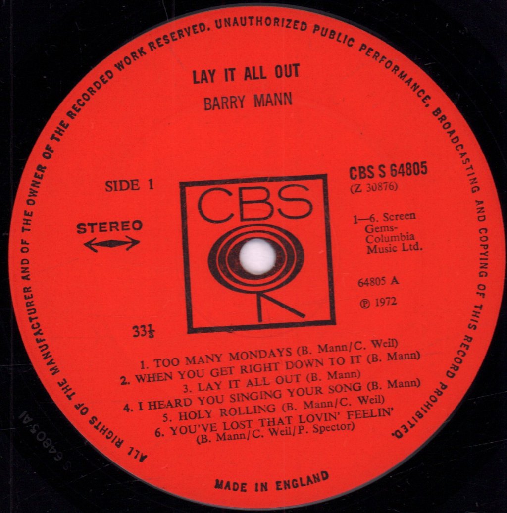 Barry Mann - Lay It All Out - Lp