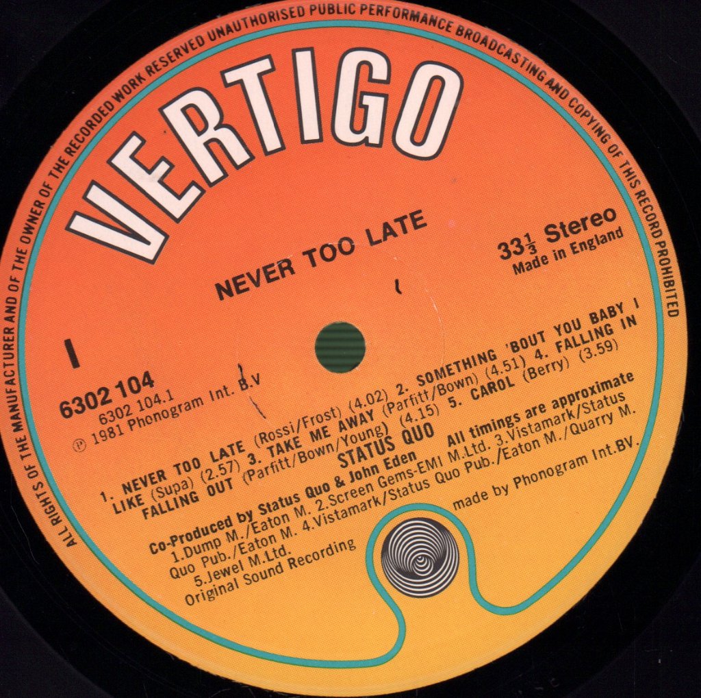 Status Quo - Never Too Late - Lp