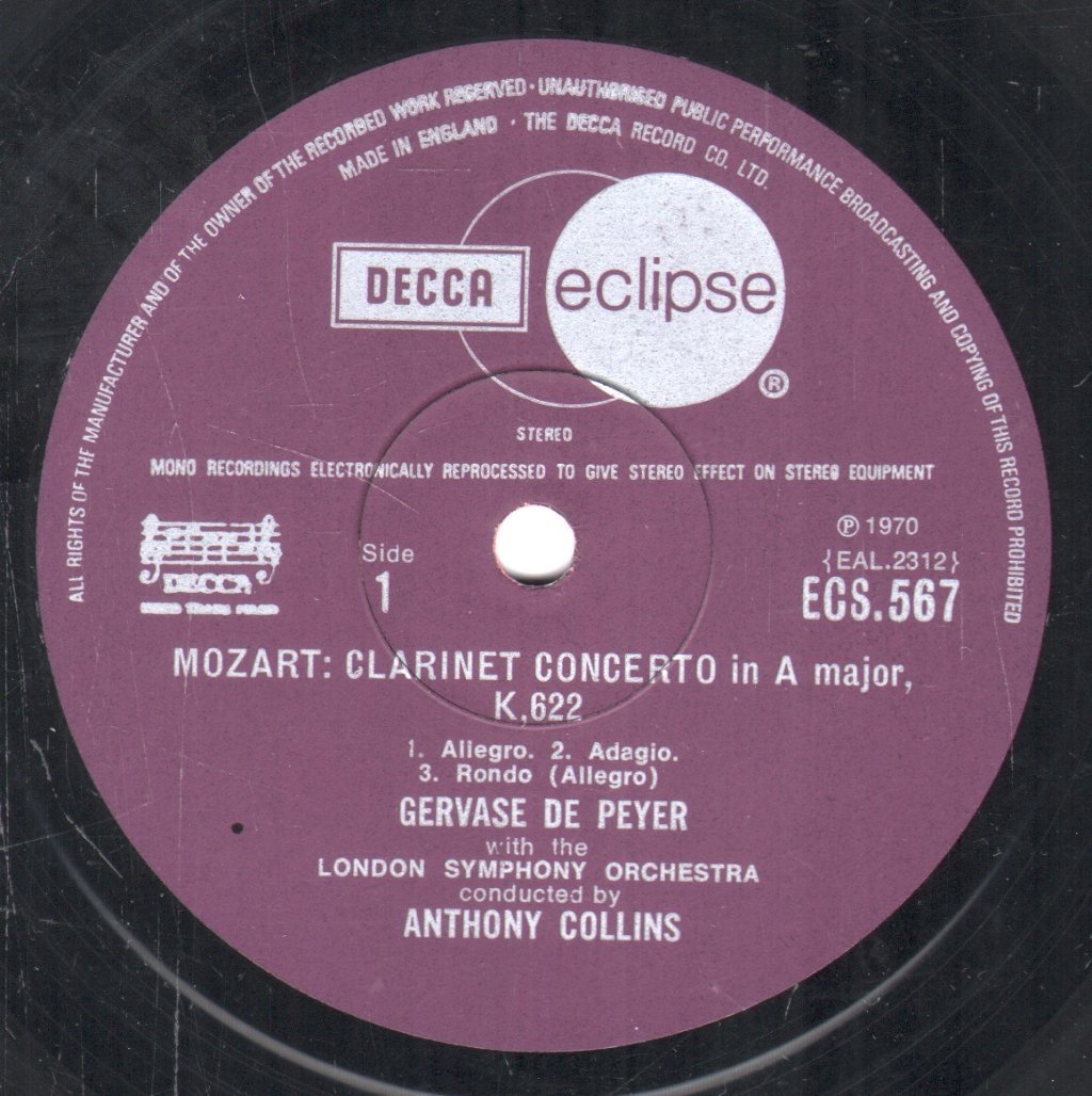 London Symphony Orchestra - Mozart Clarinet Concerto / Bassoon Concerto de peyer/helaerts - Lp