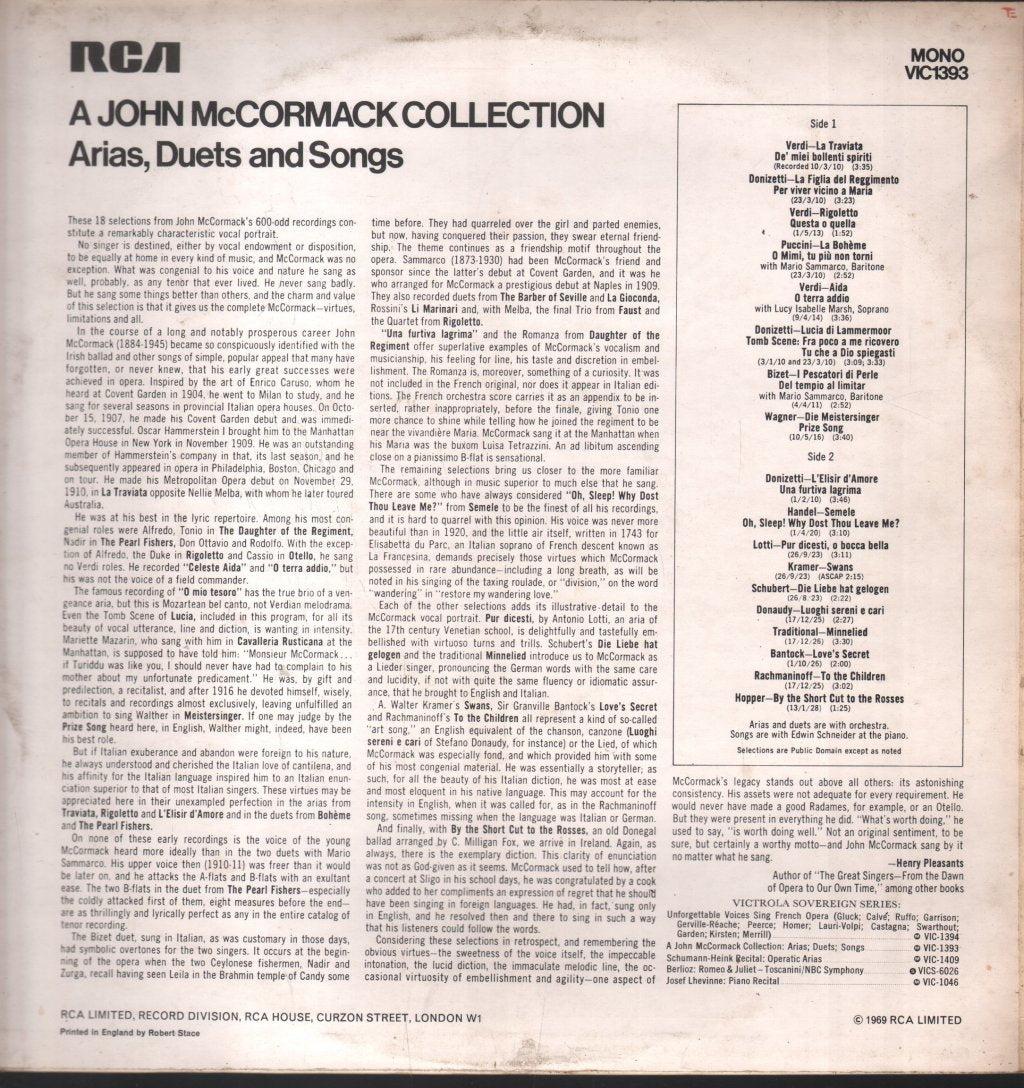 John McCormack - A John McCormack Collection Arias, Duets and Songs - Lp