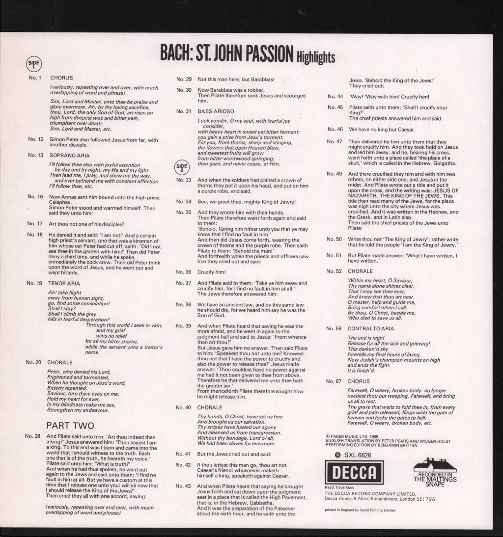 Benjamin Britten / Peter Pears / Heather Harper / Robert Tear / John Shirley-Quirk / English Chamber Orchestra - Bach: St. John Passion Highlights - Lp