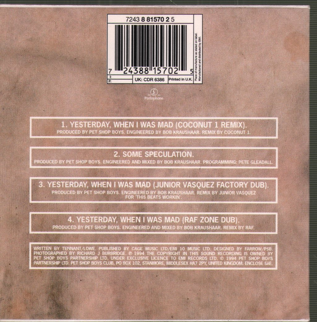 Pet Shop Boys - Yesterday, When I Was Mad - Cd
