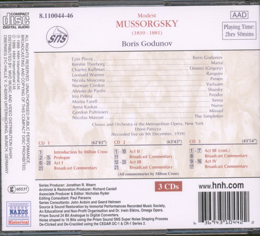 Chorus And Orchestra of the Metropolitan Opera, Ettore Panizza - Mussorgsky - Boris Godunov - Sung In Italian - Cd Set