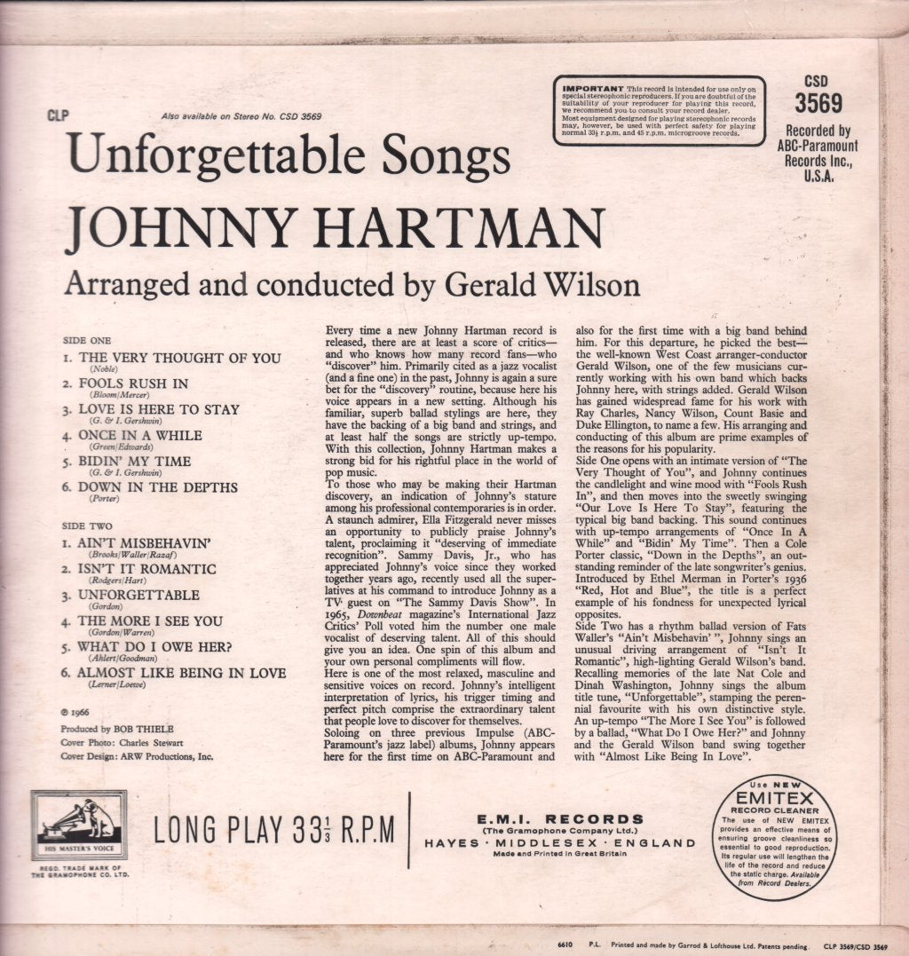 Johnny Hartman - Unforgettable Songs - Lp