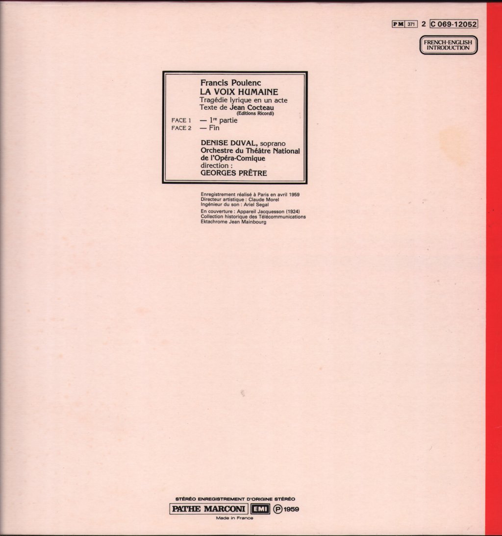 Denise Duval / Orchestre Du Theatre National De L'Opéra-Comique / Georges Pretre - Poulenc / Cocteau - La Voix Humaine - Lp