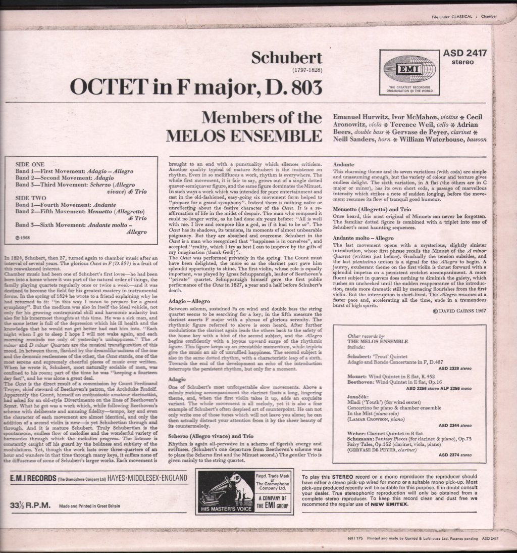 Melos Ensemble Of London - Schubert Octet - Lp