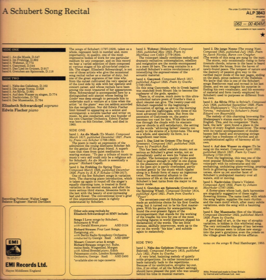 Elisabeth Schwarzkopf / Edwin Fischer - Schubert Song Recital - Lp
