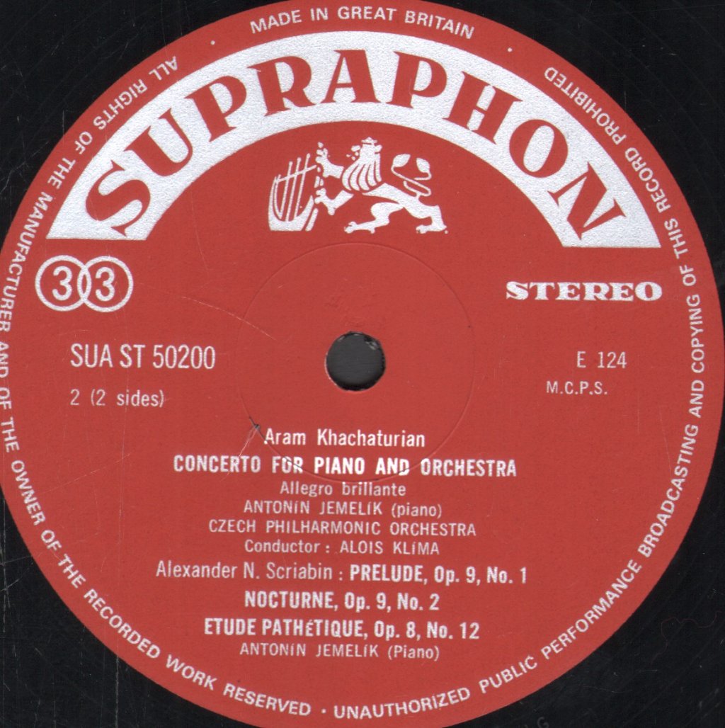 Antonin Jemelik / Czech Philharmonic Orchestra / Alois Klima - Aram Khatchaturian - Concerto For Piano And Orchestra - Lp