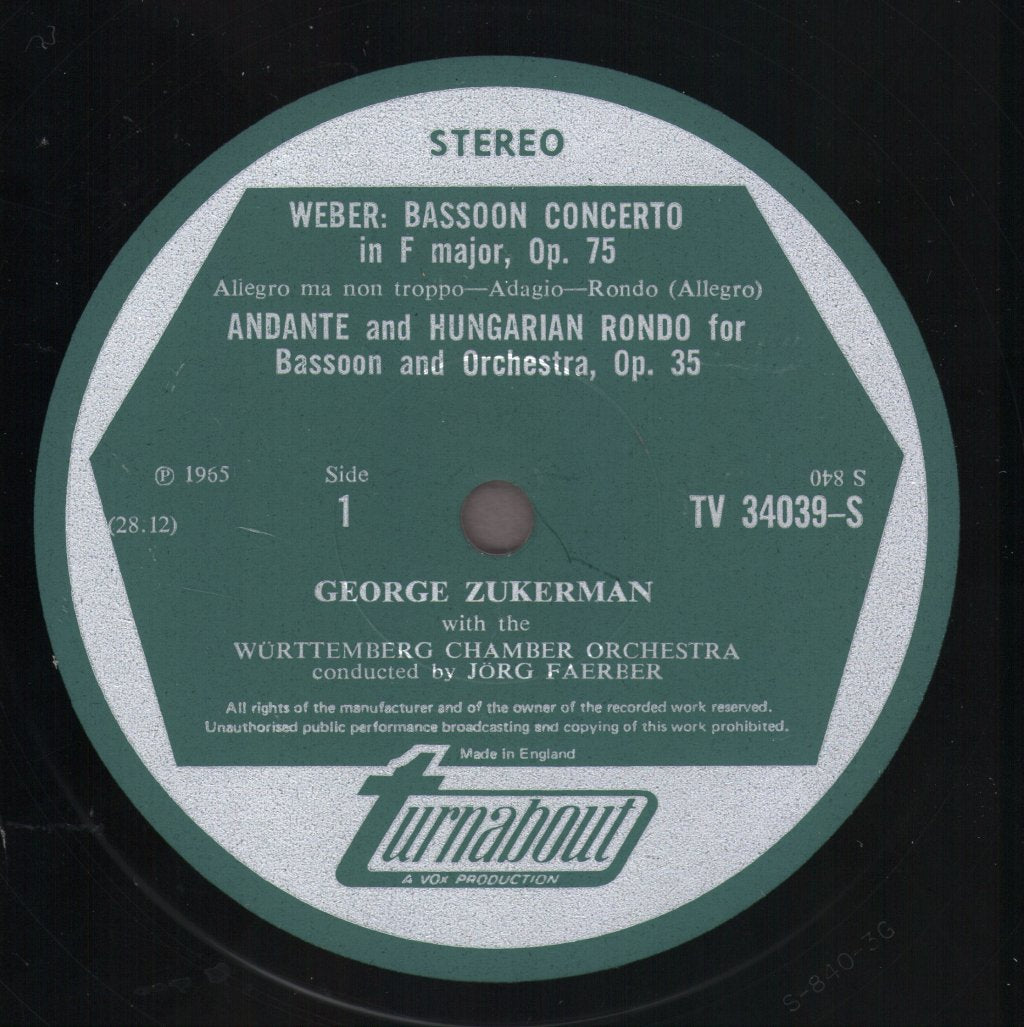 G. Zukerman / Jorg Faerber / Wurttemberg Chamber Orchestra - Mozart / Weber - Bassoon Concerti - Lp