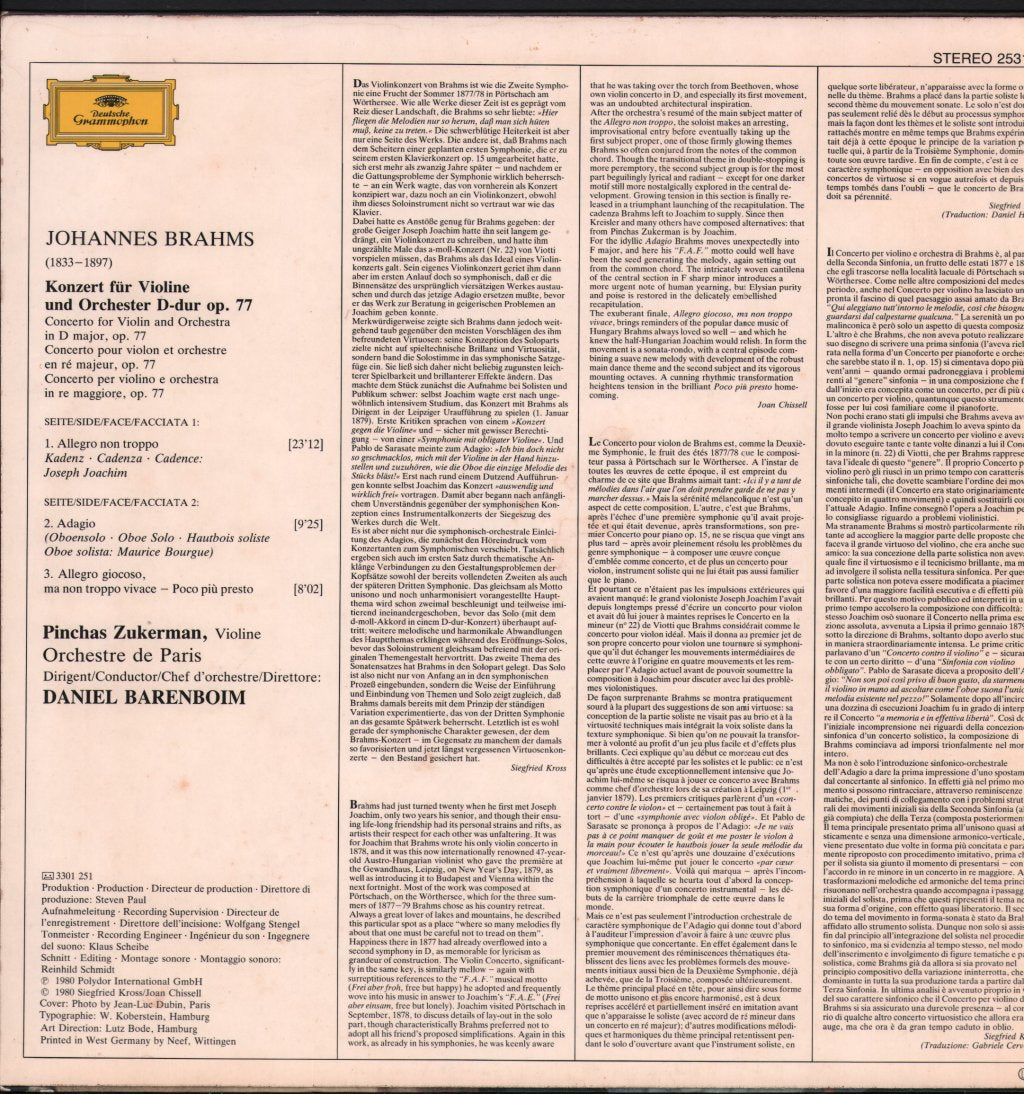 Pinchas Zukerman / Daniel Barenboim / Orchestre De Paris - Johannes Brahms - Violinkonzert - Violin Concerto - Lp