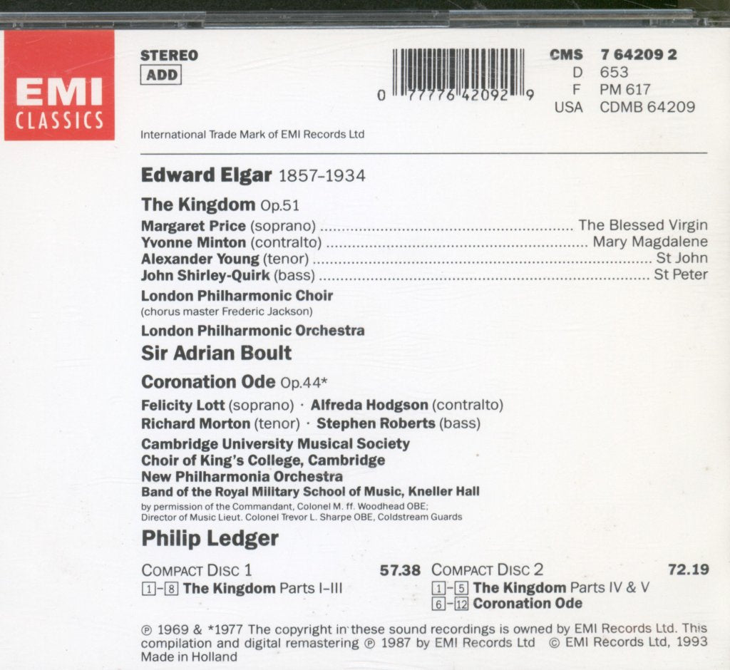London Philharmonic Choir & Orchestra • Sir Adrian Boult • Philip Ledger - Elgar - Kingdom •  Coronation Ode - Double Cd