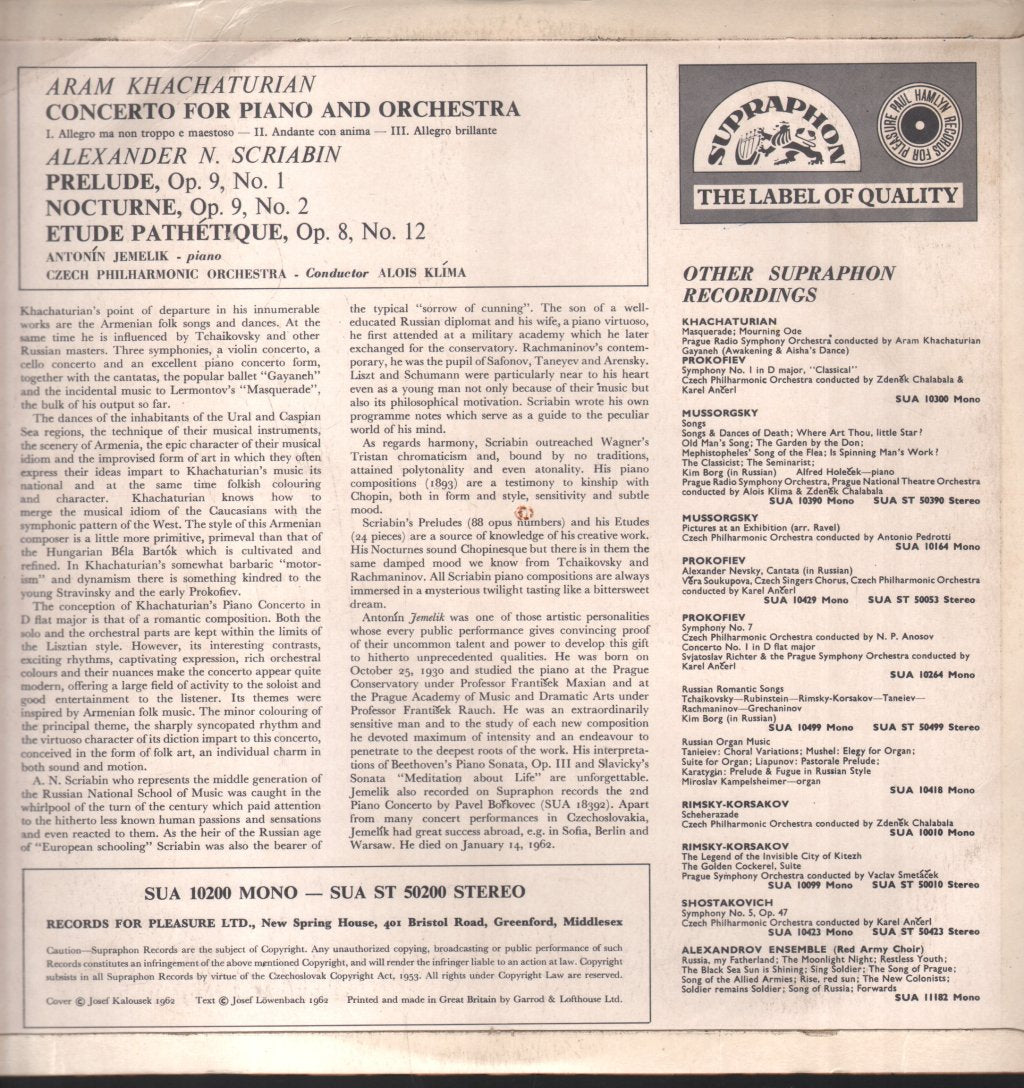 Antonin Jemelik / Czech Philharmonic Orchestra / Alois Klima - Aram Khatchaturian - Concerto For Piano And Orchestra - Lp