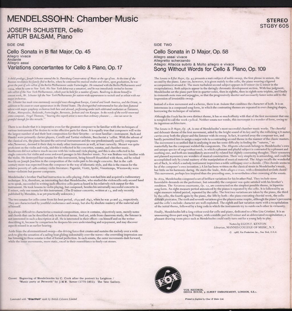 Joseph Schuster / Artur Balsam - Mendelssohn Cello Sonatas - Lp