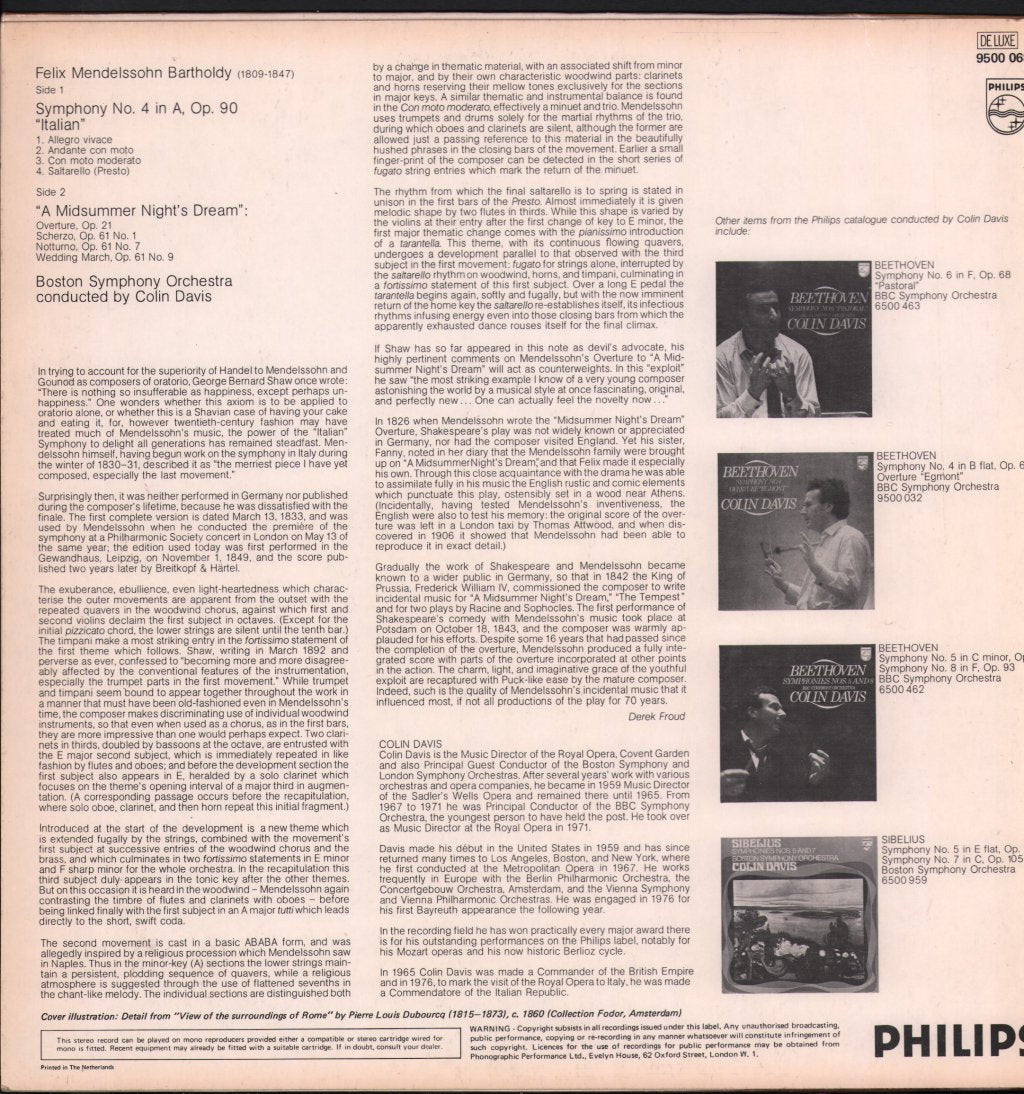 Colin Davis / Boston Symphony Orchestra - Mendelssohn - Symphony No.4 / Music From A Midsummer - Lp