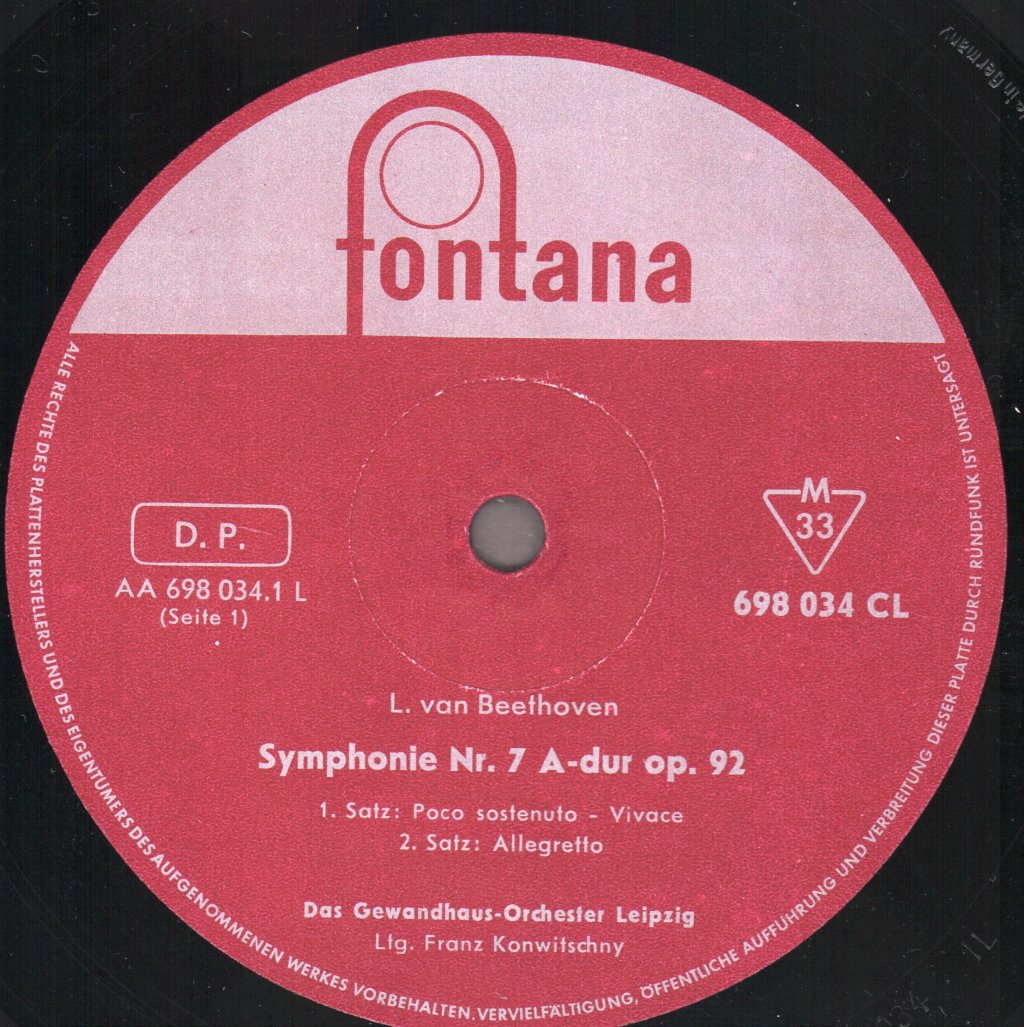 Gewandhaus Orchestra Leipzig / Franz Konwitschny - Beethoven - Symphony No 7 In A, Op.92 - Lp