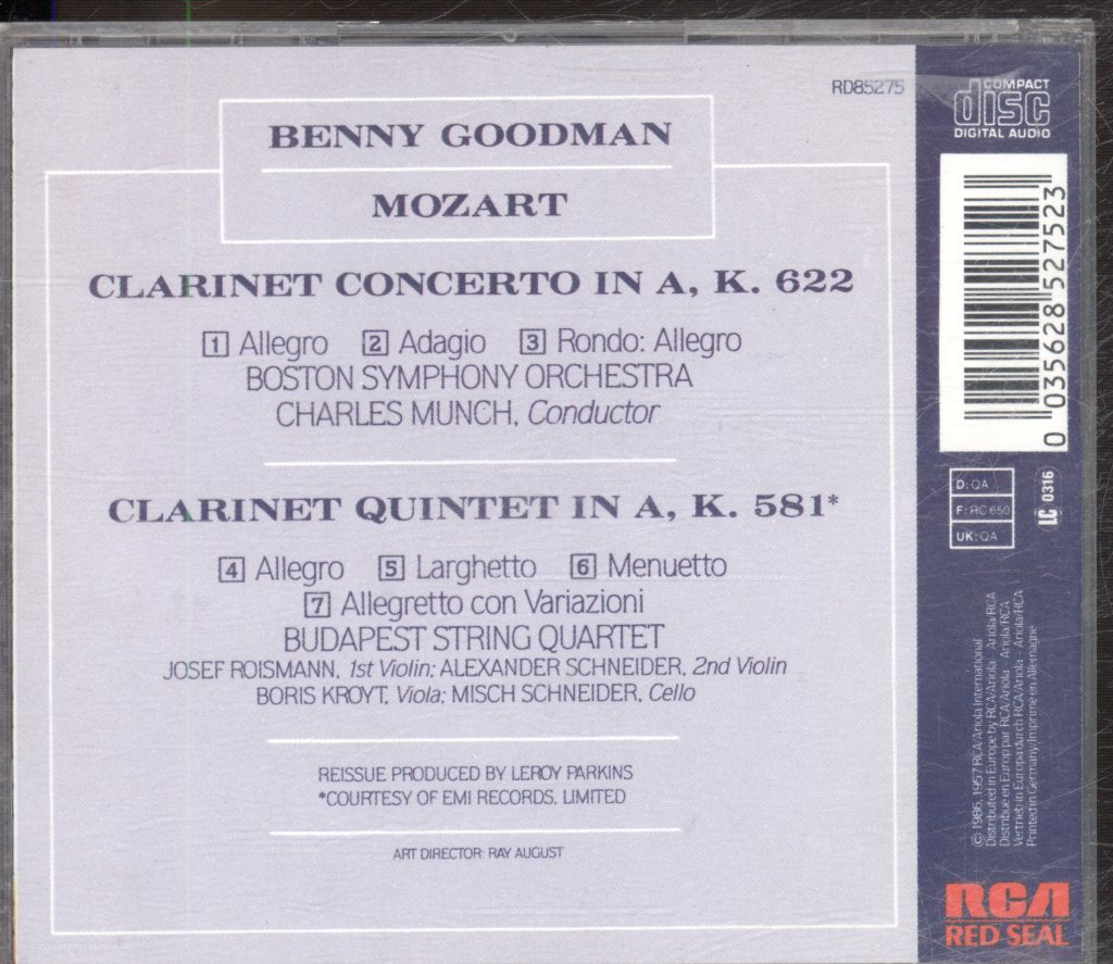 Benny Goodman, Charles Munch, Boston Symphony Orchestra, Budapest String Quartet - Mozart  - Clarinet Concerto And Quintet - Cd
