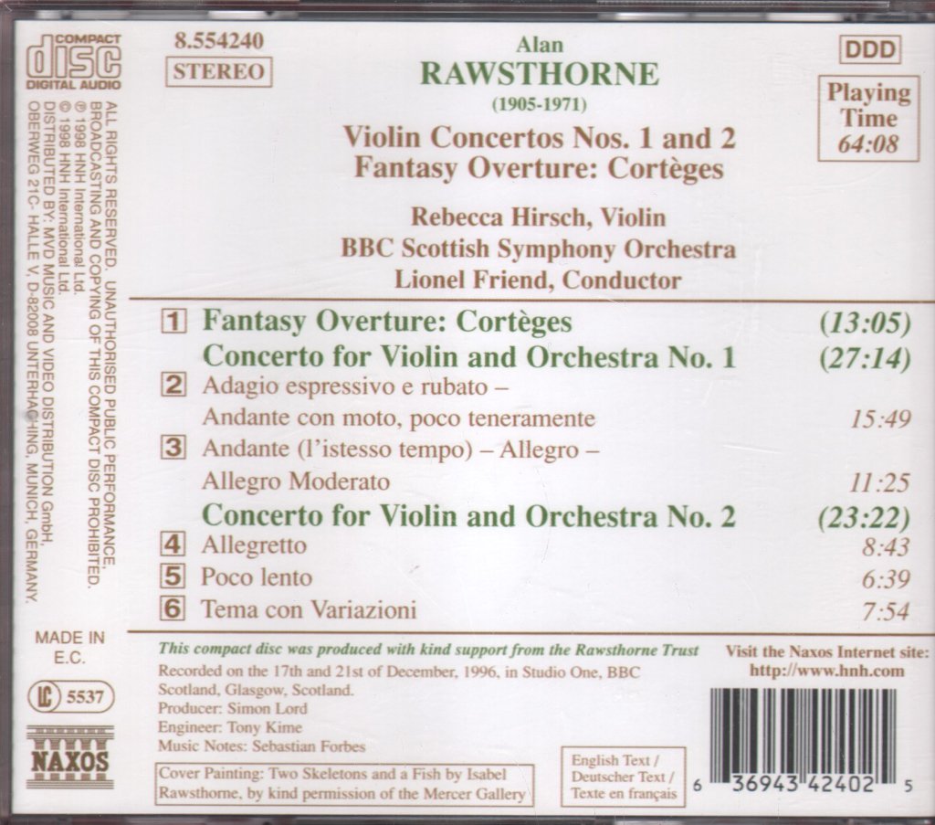 Rebecca Hirsch / Lionel Friend / BBC Scottish Symphony Orchestra - Alan Rawsthorne - Violin Concertos Nos. 1 And 2 / Fantasy Overture: Cortèges - Cd