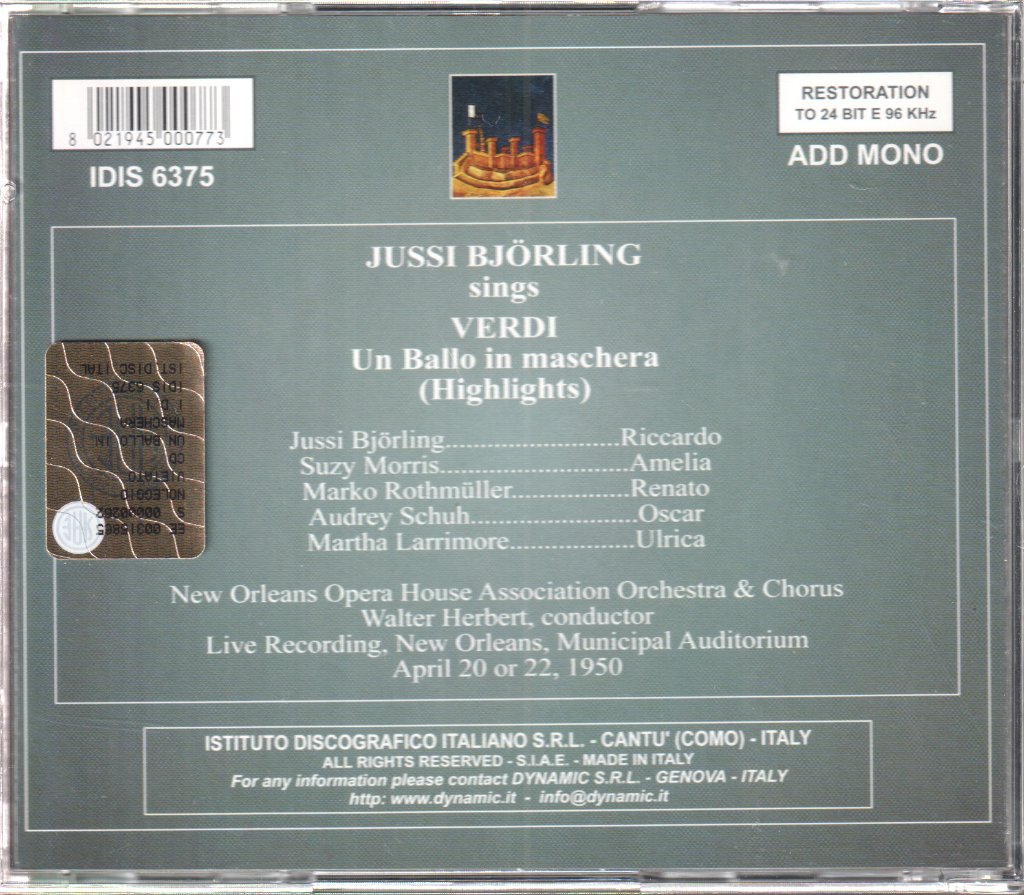 Jussi Björling - Sings Verdi  Un Ballo in maschera Highlights - Cd