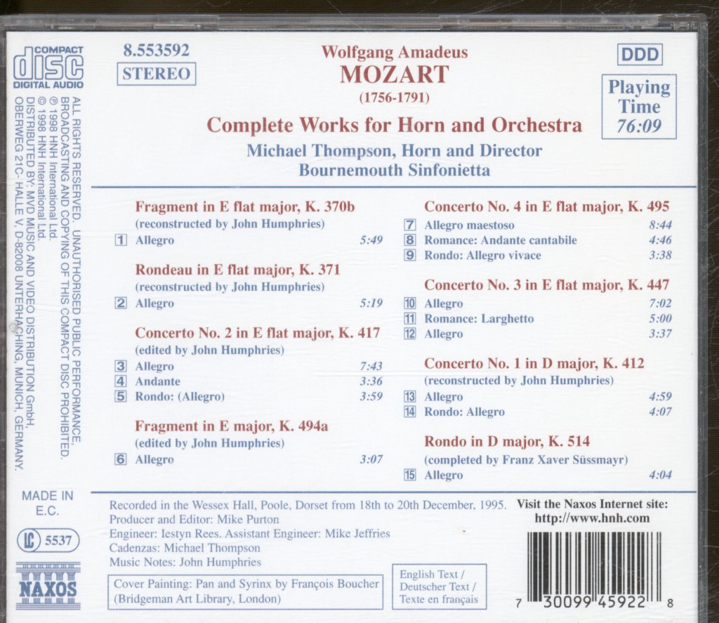 Michael Thompson, Bournemouth Sinfonietta - Mozart - Complete Works For Horn And Orchestra - Cd