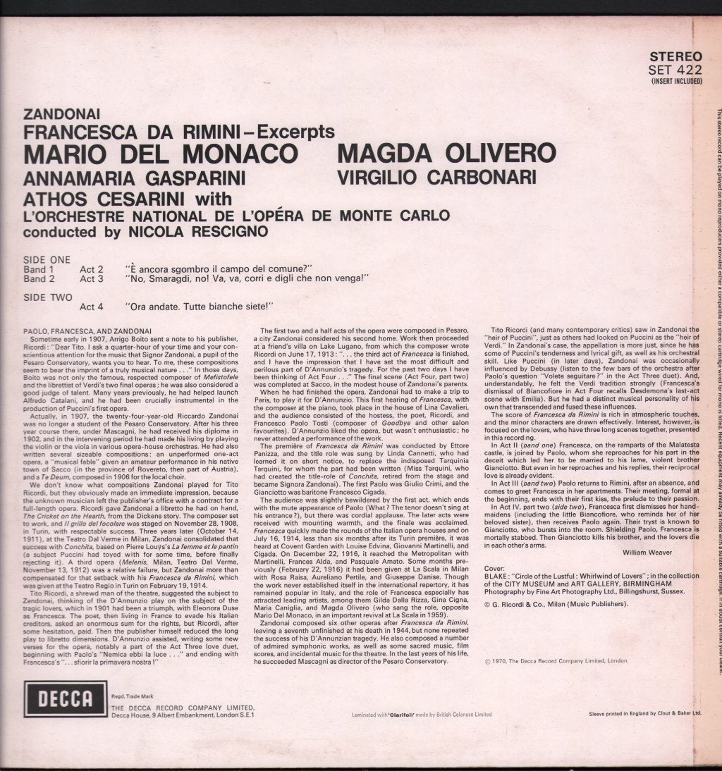 Mario del Monaco / Magda Olivero / Orchestre National De L'Opéra De Monte-Carlo / Nicola Rescigno - Francesca Da Rimini - Excerpts - Lp