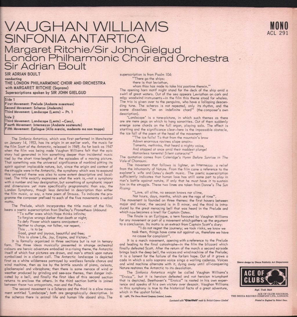 Margaret Ritchie / Sir John Gielgud / London Philharmonic Choir & Orchestra / Sir Adrian Boult - Vaughan Williams - Sinfonia Antartica - Lp
