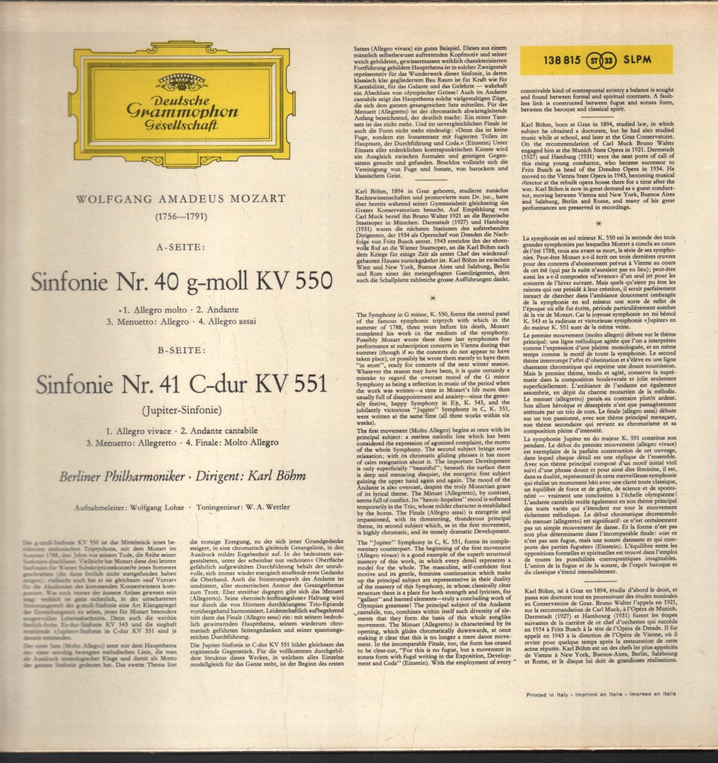 Karl Bohm / Berliner Philharmoniker - Mozart - Symphonien Nr.40 / Nr.41 Jupiter - Lp