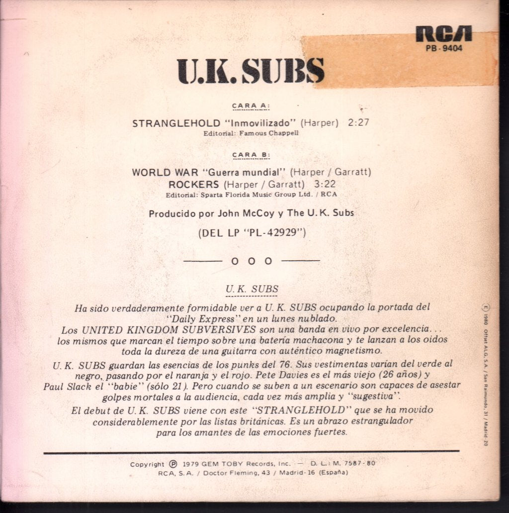 UK Subs - Stranglehold - 7 Inch