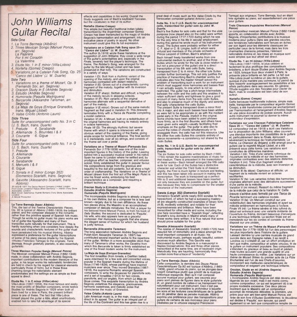John Williams (Guitarist) - Guitar Recital - Double Lp