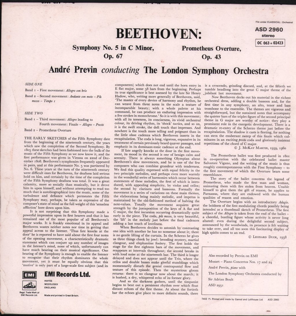 Andre Previn / London Symphony Orchestra - Beethoven - Symphony No. 5 In C Minor Op. 67 / Prometheus Overture, Op. 43 - Lp