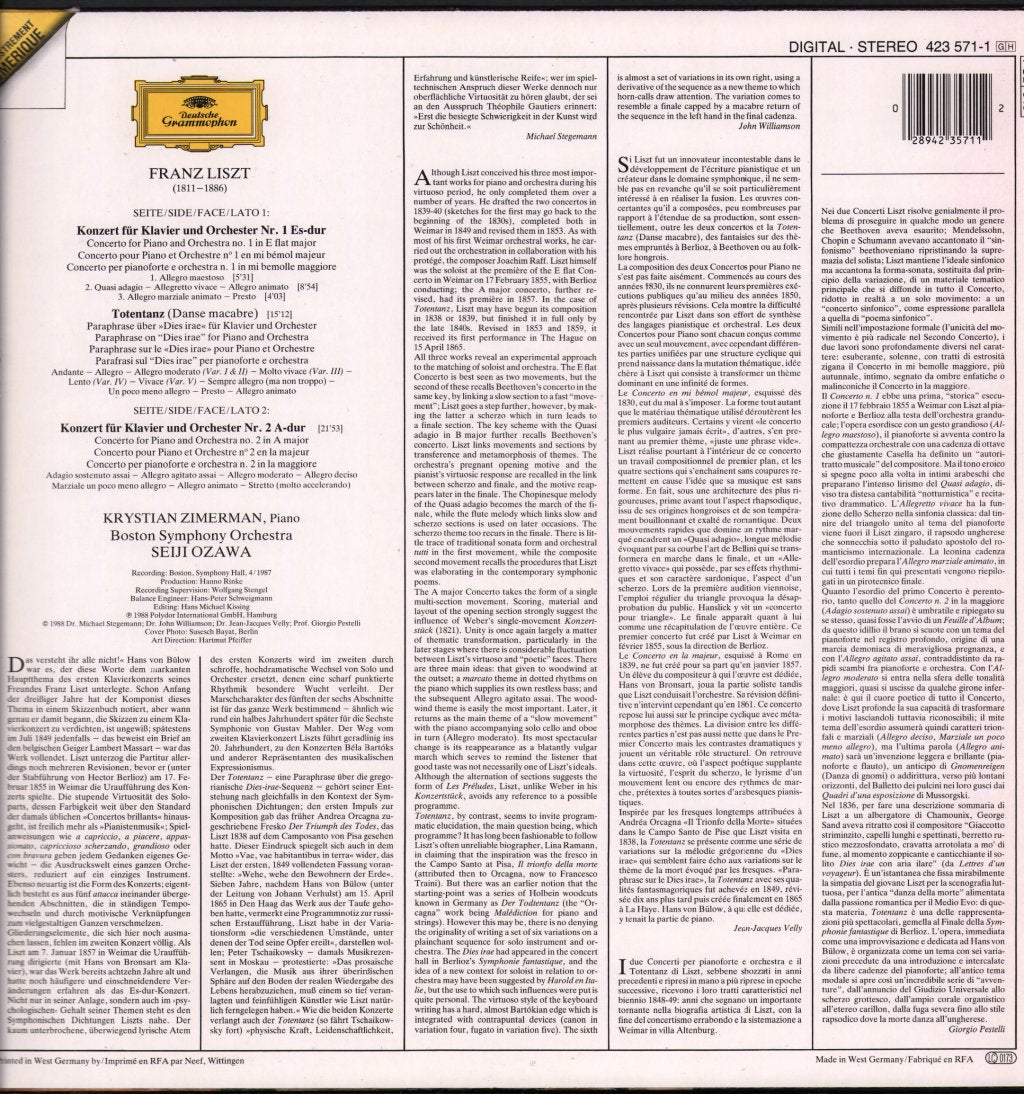 Krystian Zimerman / Seiji Ozawa / Boston Symphony Orchestra - Liszt Piano Concertos Nos 1 And 2 - Lp