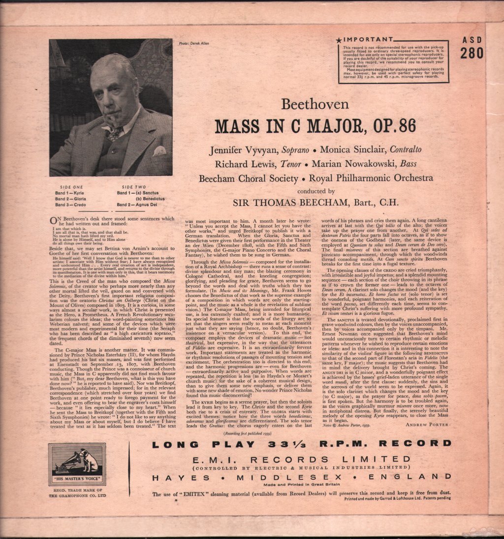 Sir Thomas Beecham / Beecham Choral Society / Royal Philharmonic Orchestra / Jennifer Vyvyan / Monica Sinclair - Beethoven - Mass In C Major, Op. 86 - Lp