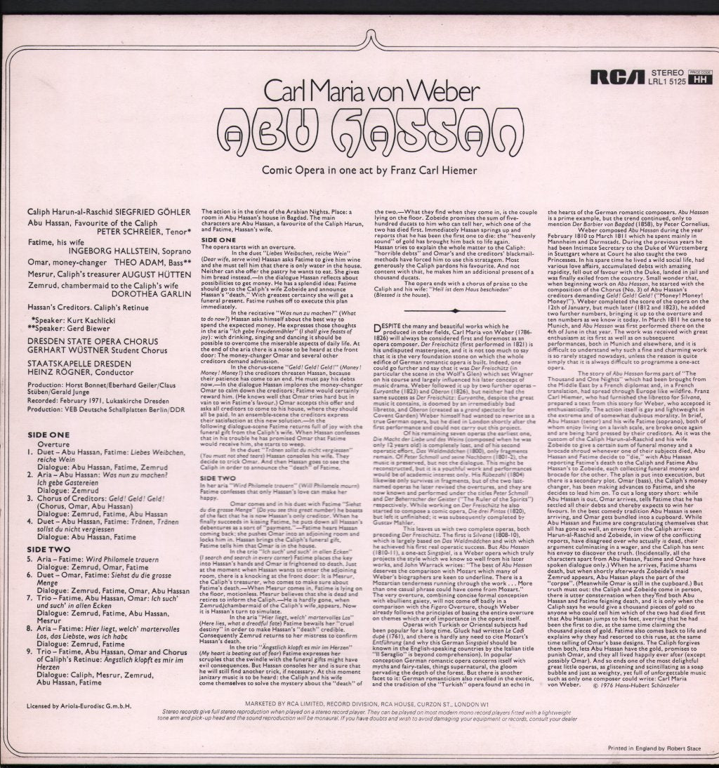 Ingeborg Hallstein / Peter Schreier / Theo Adam / Dresden State Opera Chorus / Heinz Rogner - Carl Maria von Weber - Abu Hassan - Lp