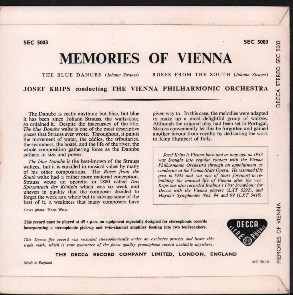 Josef Krips / Vienna Philharmonic Orchestra - Memories Of Vienna - 7 Inch