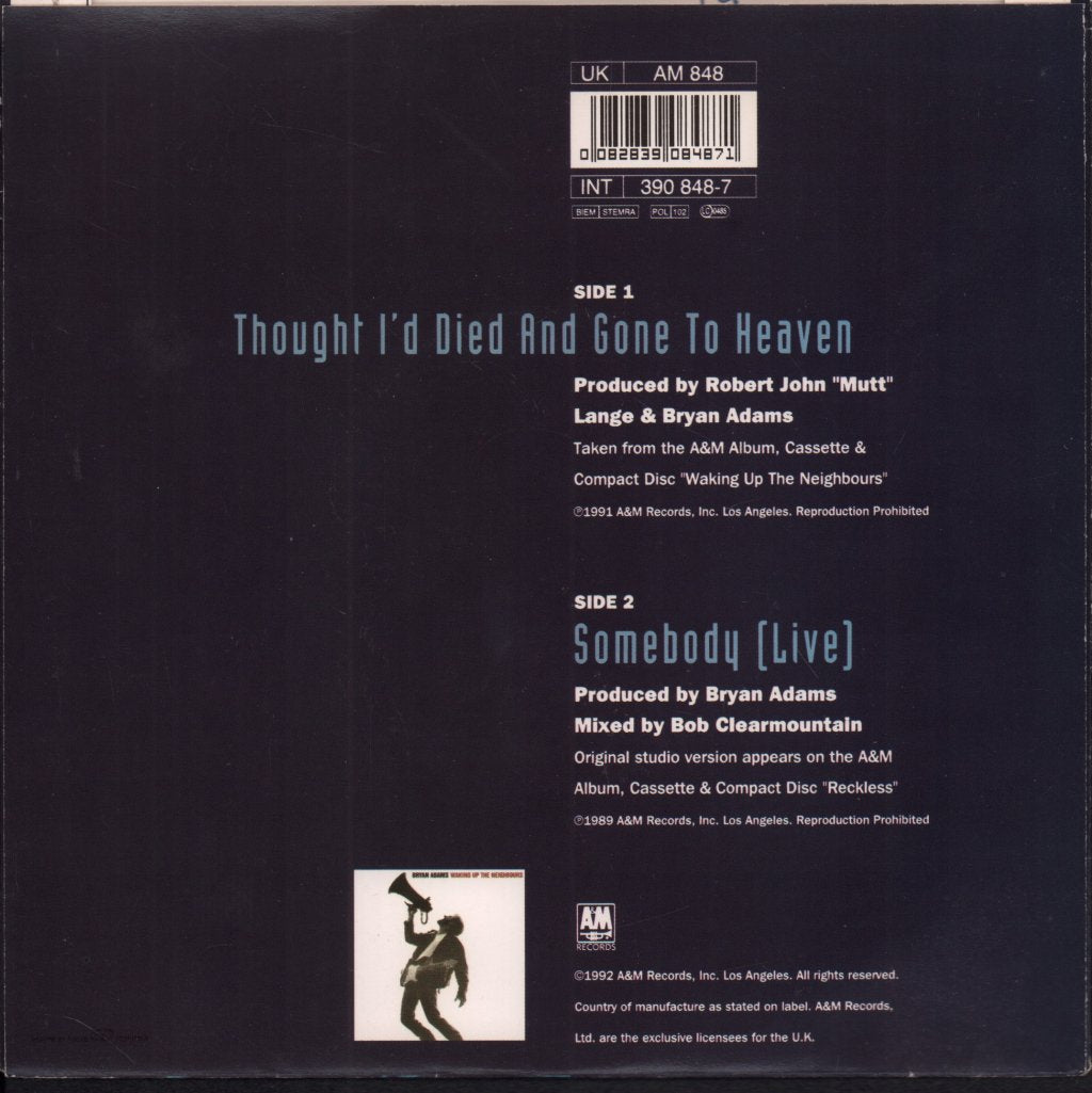 Bryan Adams - Thought I'd Died And Gone To Heaven - 7 Inch