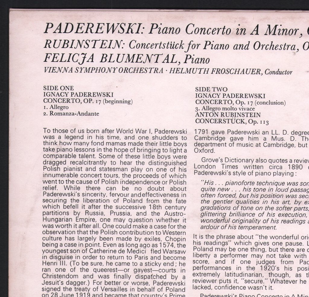 Felicja Blumental / Vienna Symphony Orchestra / Helmuth Froschauer - Paderewski - Piano Concerto In A Minor, Op. 17 / Rubinstein - Concertstück For Piano And Orchestra, Op. 113 - Lp