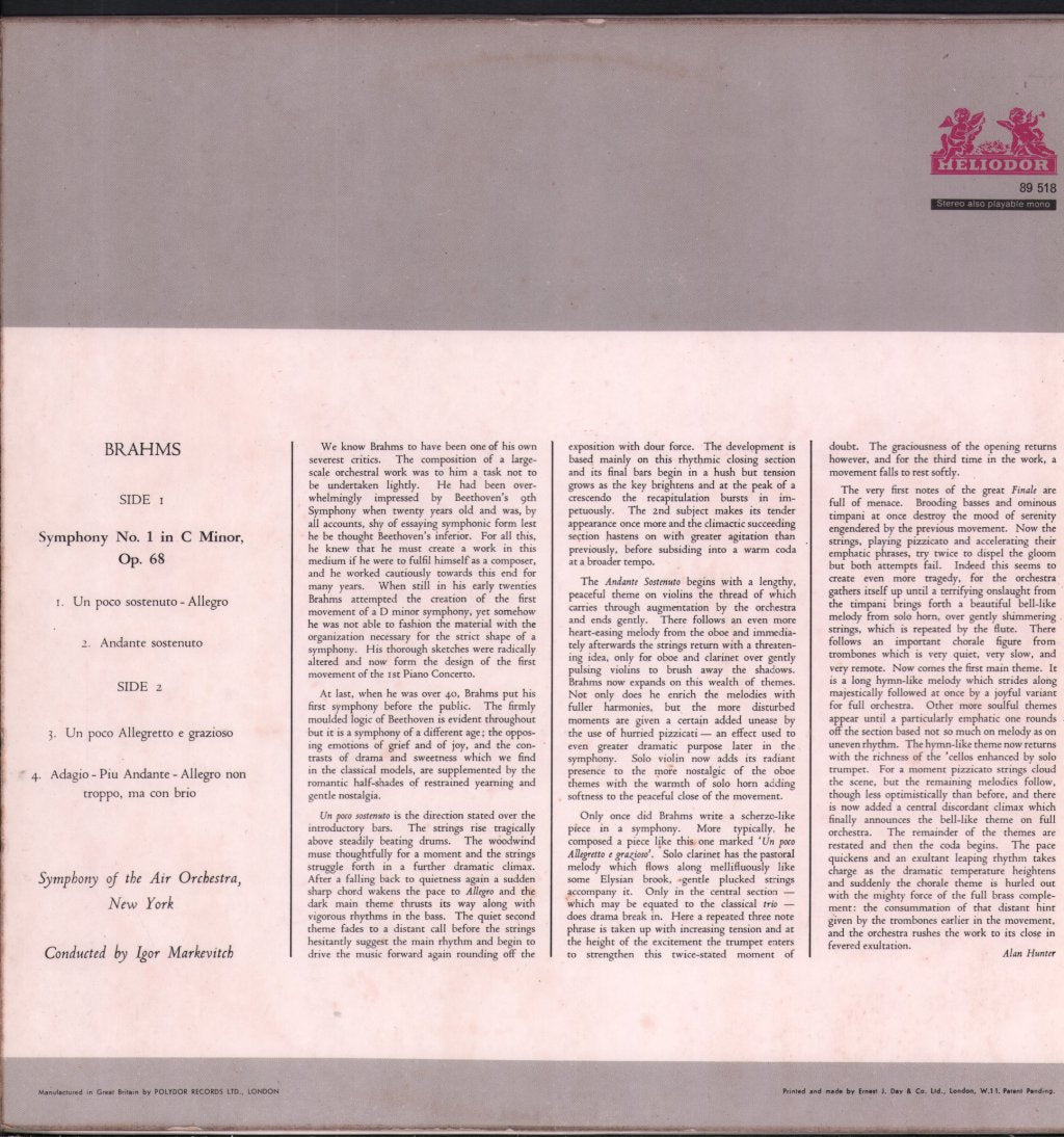 Igor Markevitch / Symphony Of The Air Orchestra, New York - Johannes Brahms - Symphony No. 1 - Lp