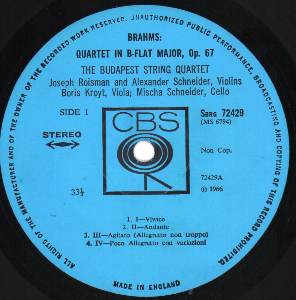 Budapest String Quartet / Rudolf Serkin - Schumann - Piano Quintet In E Flat Opus 44 / Brahms - String Quartet No. 3 In B Flat Opus 67 - Lp